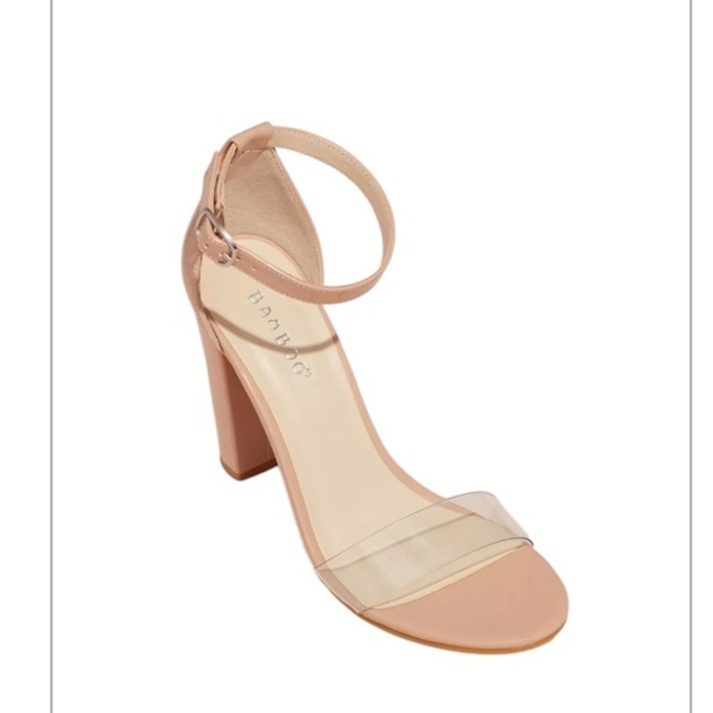 BAMBOO Women's Mania Nude Block Heel Sandals with clear strap size 8